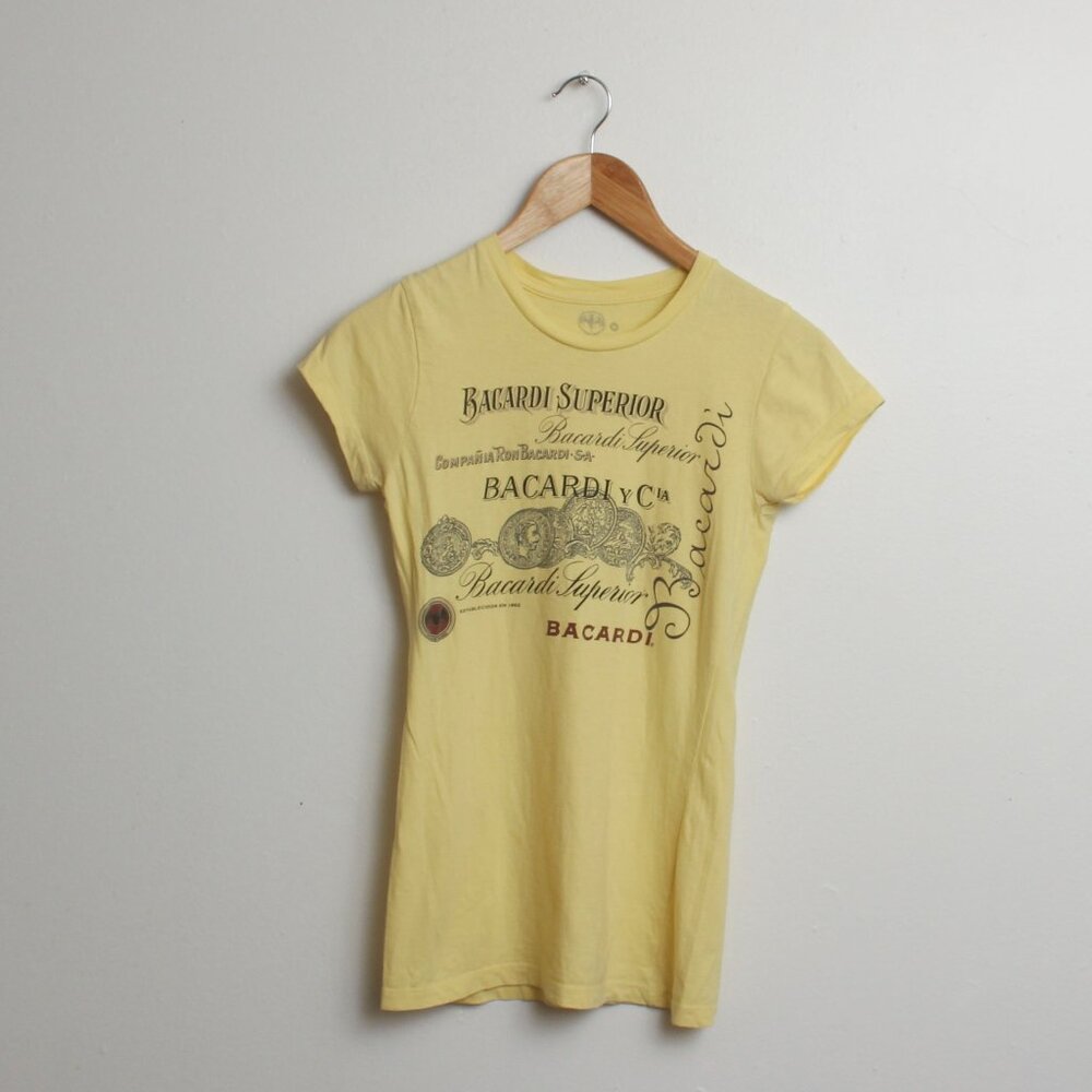 Bacardi Rum Shirt Womens Small Yellow Rum Label Graphic Tee